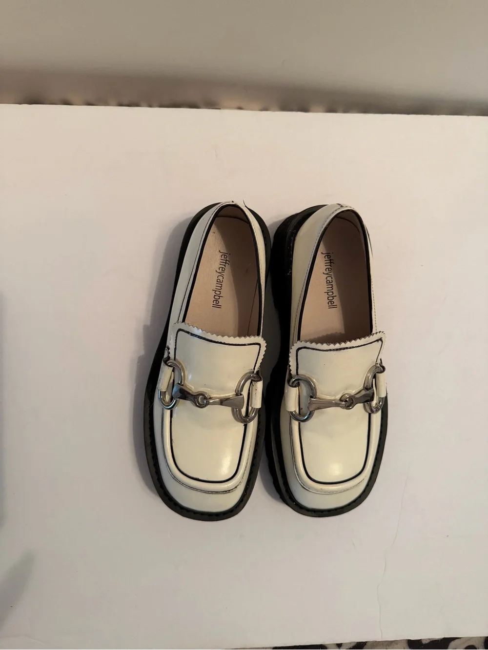 Jeffrey Campbell White and Black Horsebit Loafers